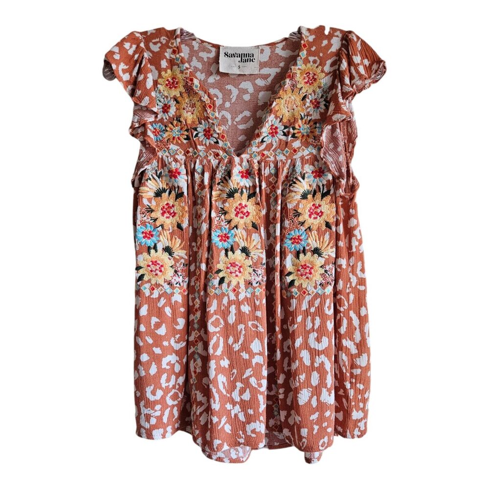 SAVANNA JANE Women's S Embroidered Top Animal Print Floral Multicolor V-Neck 34"